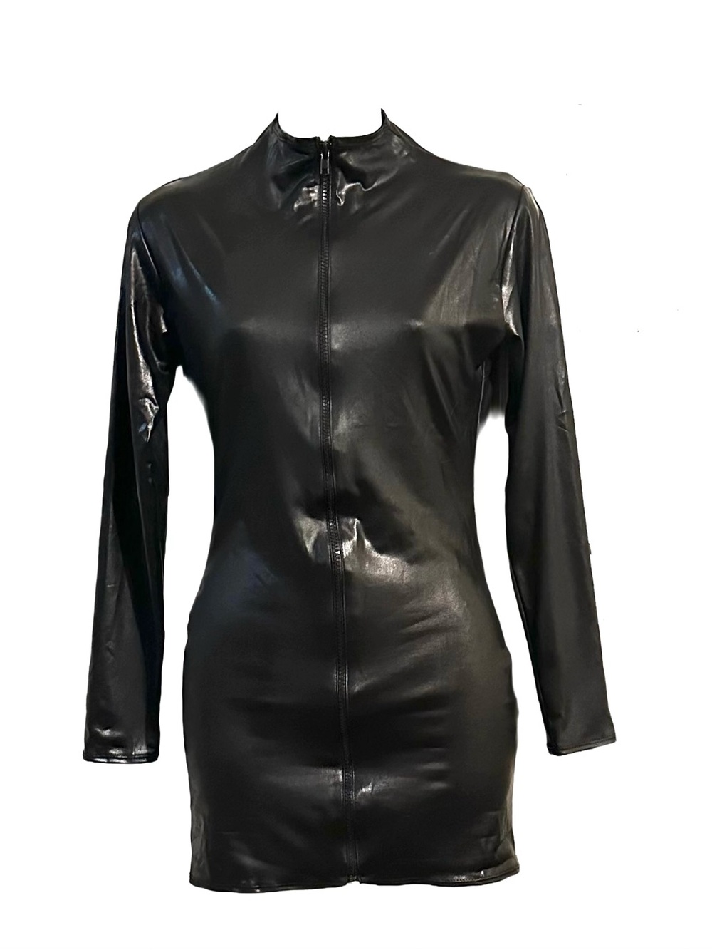 Allure Lingerie Kitten Full Zip Long Sleeve Bodycon Dress Black Faux Leather OS